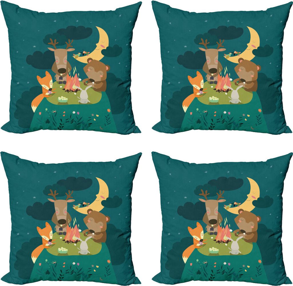 ABAKUHAUS Tiere Kissenbezug Set (4 Stück), Wald Bonfire bei Nacht, Moderner Doppelseitiger Digitaldruck, 60 cm x 60 cm, Mehrfarbig