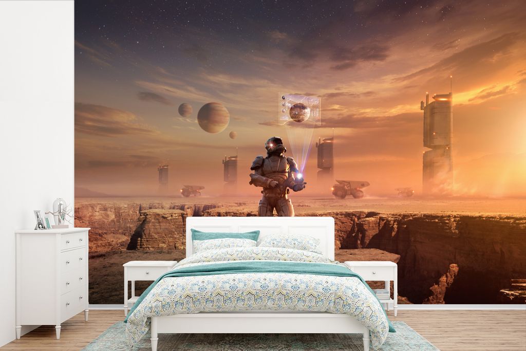 MuchoWow Fototapete für Wohnzimmer oder Schlafzimmer Wandtapete Vinyl Motivtapete Ein Astronaut auf dem Mars - 330x220 cm - Fototapeten