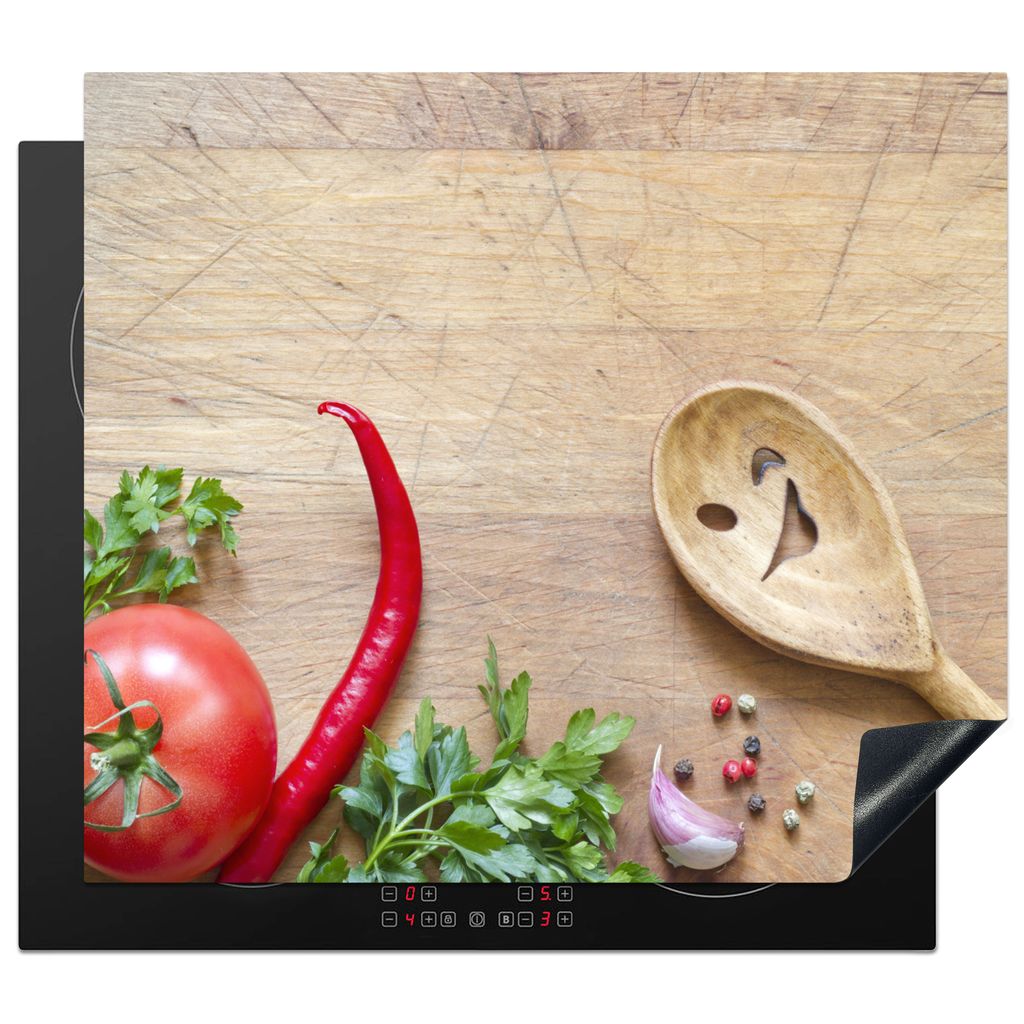 KitchenYeah Herdabdeckplatte Gemüse - Holzstruktur - Schöpfkelle - Smiley - Tomate , 59x52cm, Küche Deko, Glaskeramikkochfeld Herdabdeckung, A...