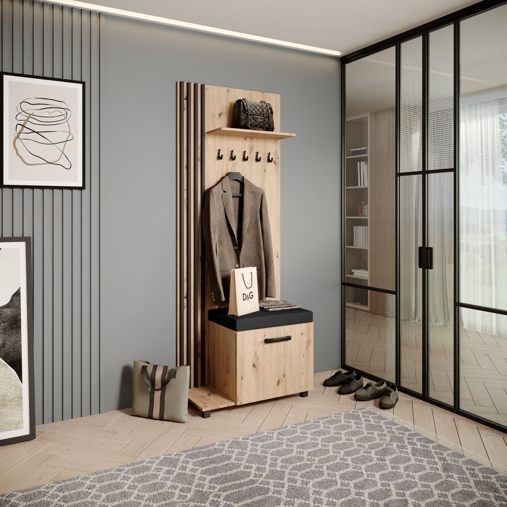 Garderobenschrank LIVIA - Hochschrank mit Aufhängern, Schuhschrank, Eiche Artisan, Lamellen in Schwarz, Sitzkissen in Schwarz, Links