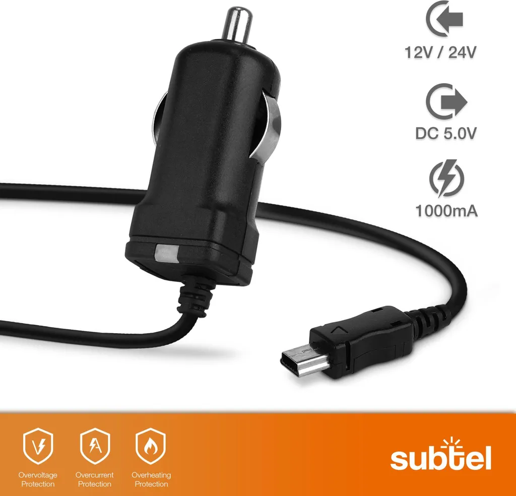 Alimentatore Auto Mini USB 5V 1000mA per Navigatori GPS - 1.5m - 3