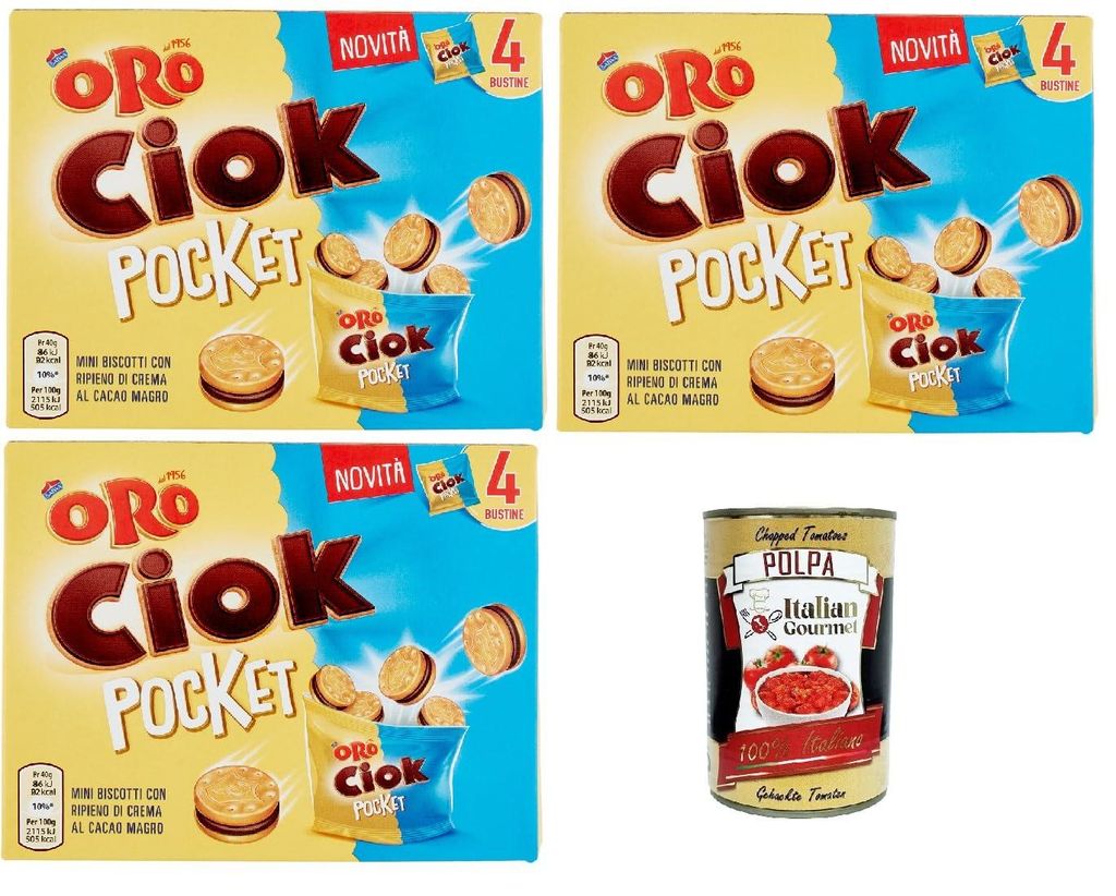 Oro Ciok Pocket, Mini -Kekse mit leckerer Milchschokoladencreme, einfacher und köstlicher Snack, natürliche Faserquelle, 3x 140 g (4 Einzelpotten...