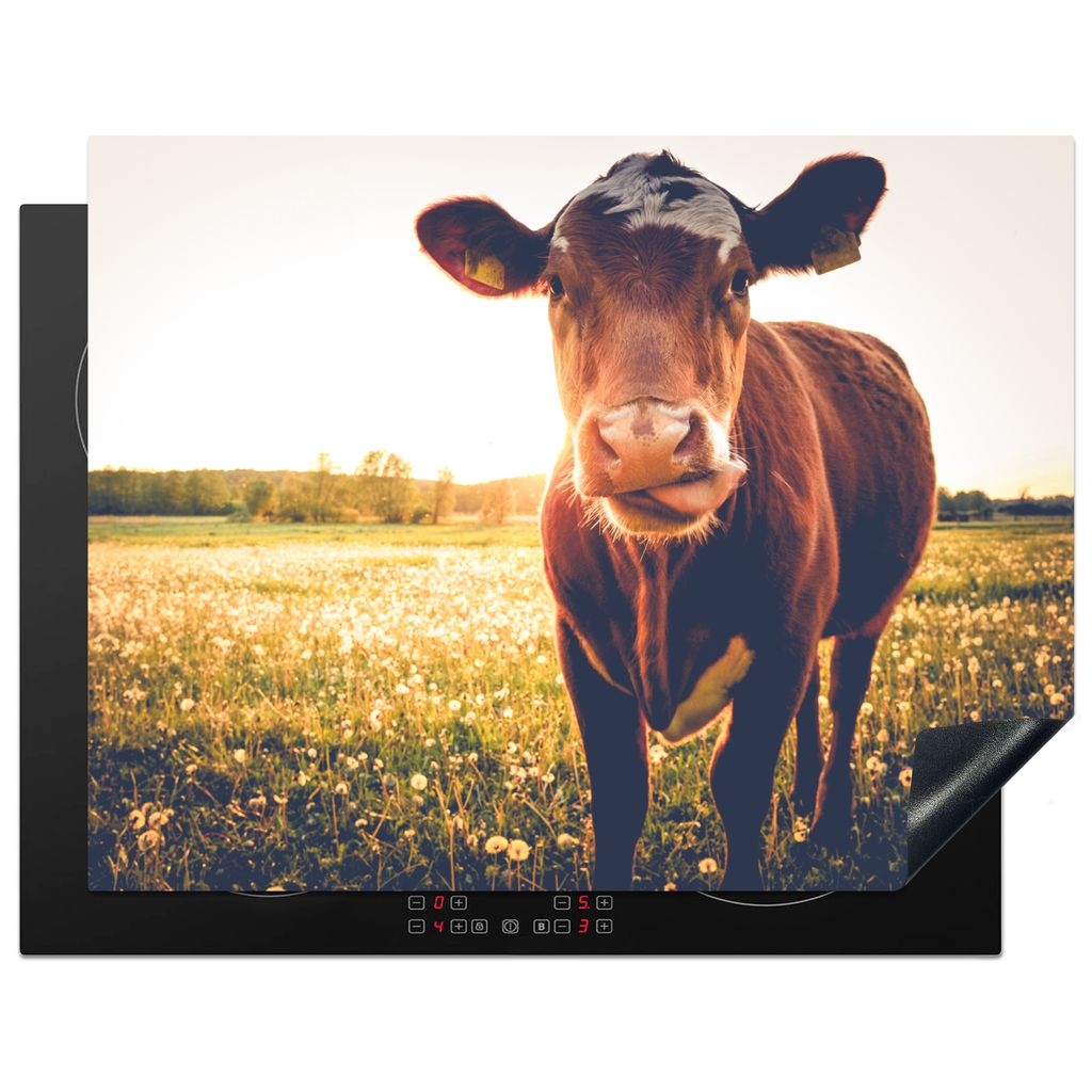 KitchenYeah Herdabdeckplatte Kuh - Sonnenuntergang - Blumen - Gras - Tiere , 77x59cm, Küche Deko, Glaskeramikfeld Herdabdeckung, Abdeckplatte f...