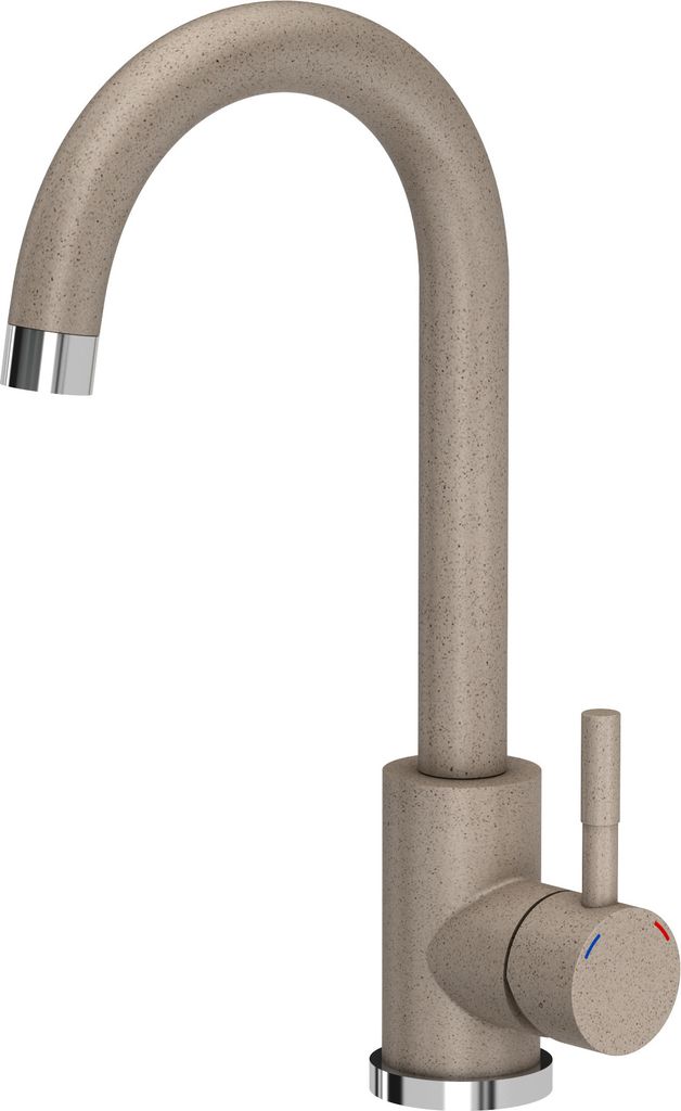 A beige kitchen faucet with a speckled finish and a silver accent at the spout.