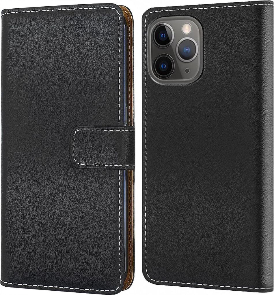A black flip-style phone case for an iPhone 13 Pro Max is shown open, revealing the phone and the inside of the case.