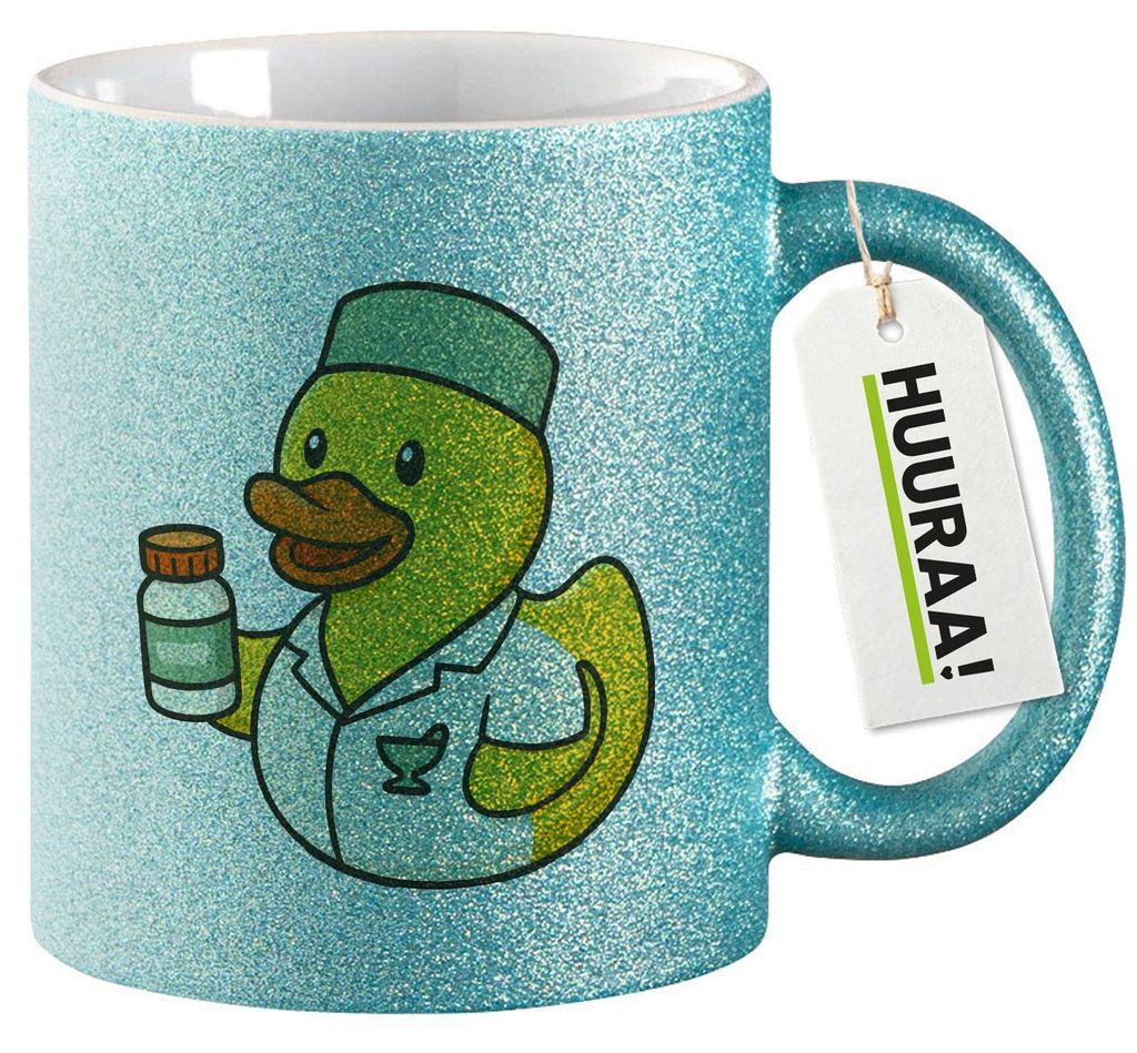 Huuraa Glitzertasse Quietscheente Pharmazie Comic Gummiente 330ml Blau Keramik Kaffeebecher Geschenkidee