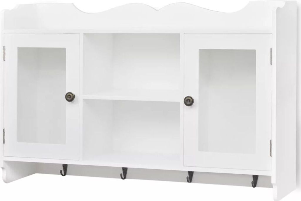 A white wall-mounted cabinet with glass doors and shelves.
