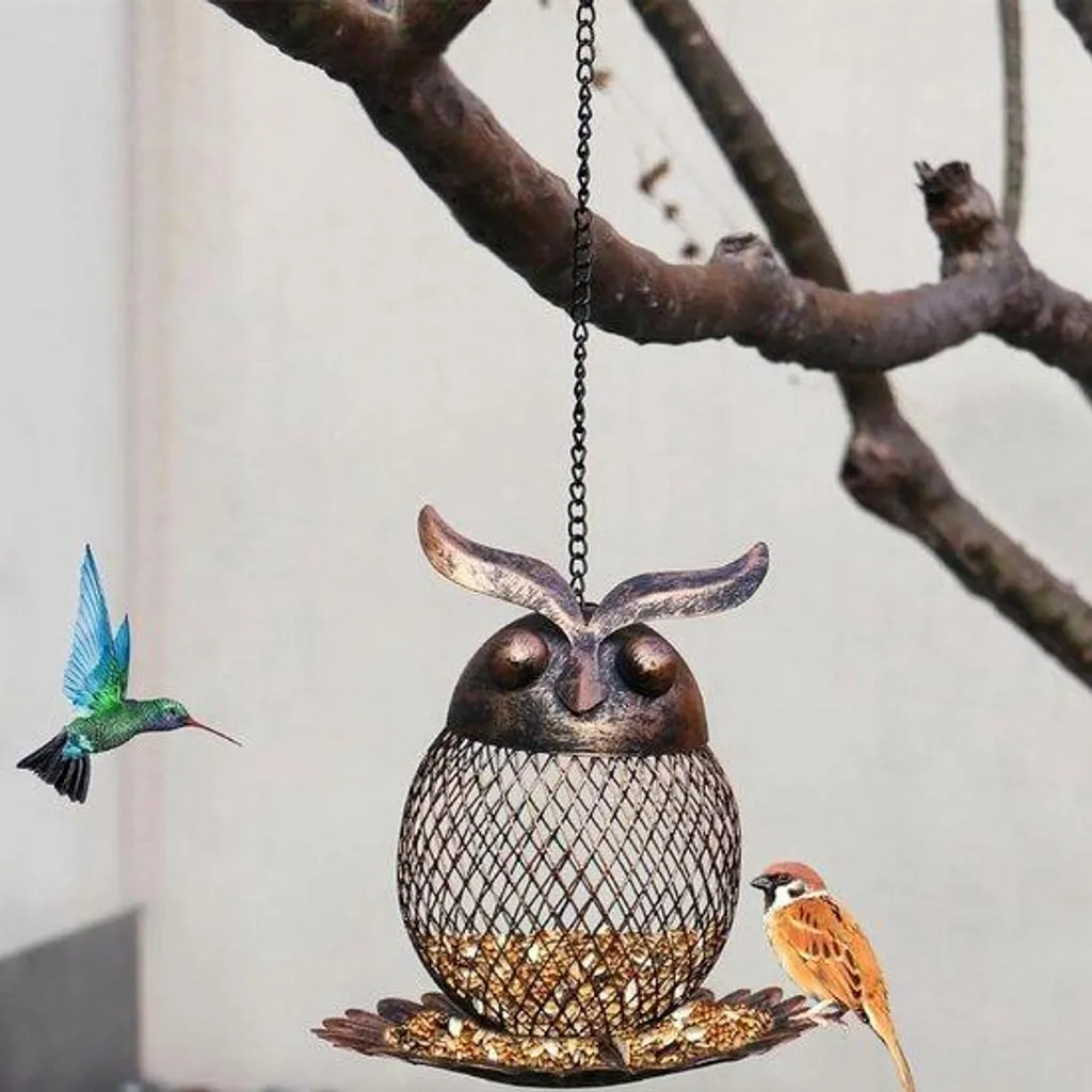 Mangeoire oiseaux sauvage Iron Owl étanche en métal avec toit ouvrant
