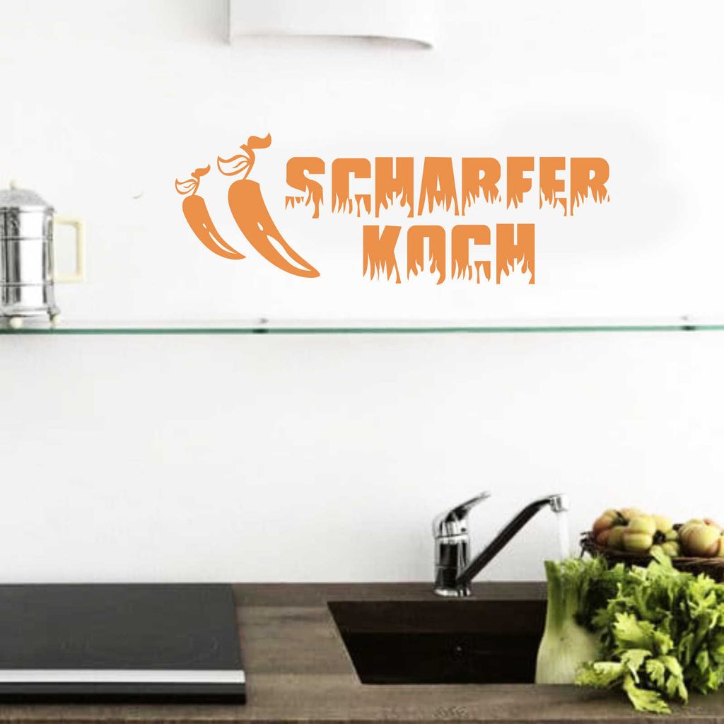 Wandtattoo - Wandaufkleber - Wandtattoo Scharfer Koch - 95cm x 33cm orange - Dekoration Küche Wohnzimmer Wand