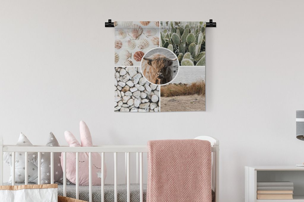 MuchoWow Wandteppich Wandbehang Schottischer Highlander - Collage - Steine - Sand 60x60 cm Tapisserie Dekoration Wandtuch - Dekorationen - Wand D...