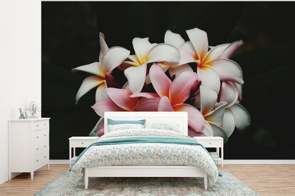 MuchoWow Fototapete für Wohnzimmer oder Schlafzimmer Wandtapete Vinyl Motivtapete Blumen - Rosa - Schwarz - Flora - Botanisch - 295x220 cm - Wan...