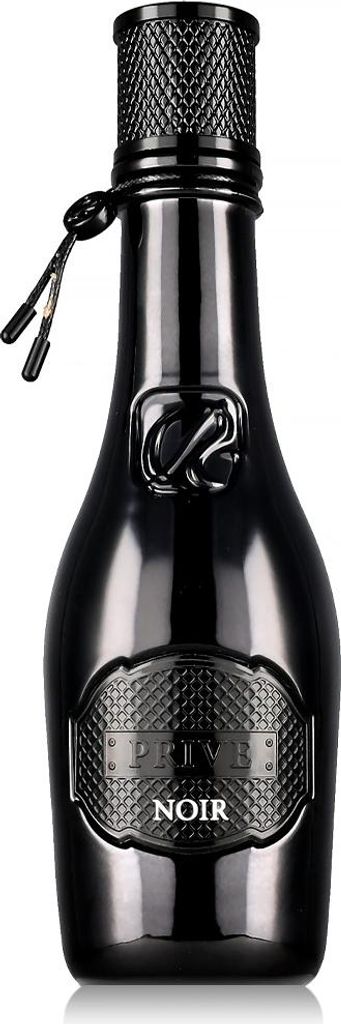 A black bottle of perfume.