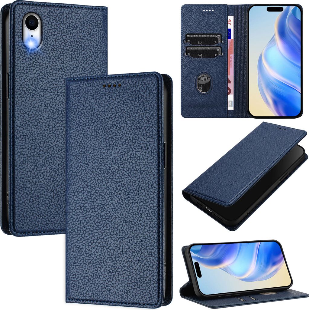 Litchi Leder Handyhülle für iPhone XR Wallet Kartenfächer Standfunktion Hülle Blau