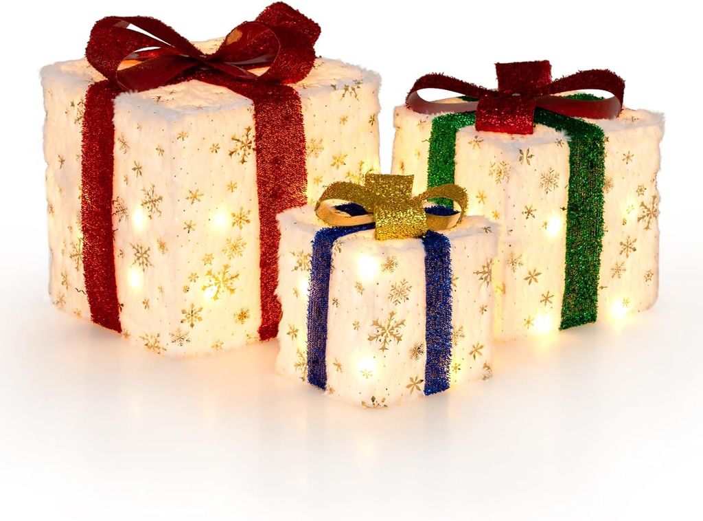 GOPLUS 3er Set LED Geschenkbox, Weihnachtsboxen mit 48 warmen Lichtern & Timer, beleuchtete Weihnachtsdeko mit Schleifen für Weihnachtsbaum (Weiß...