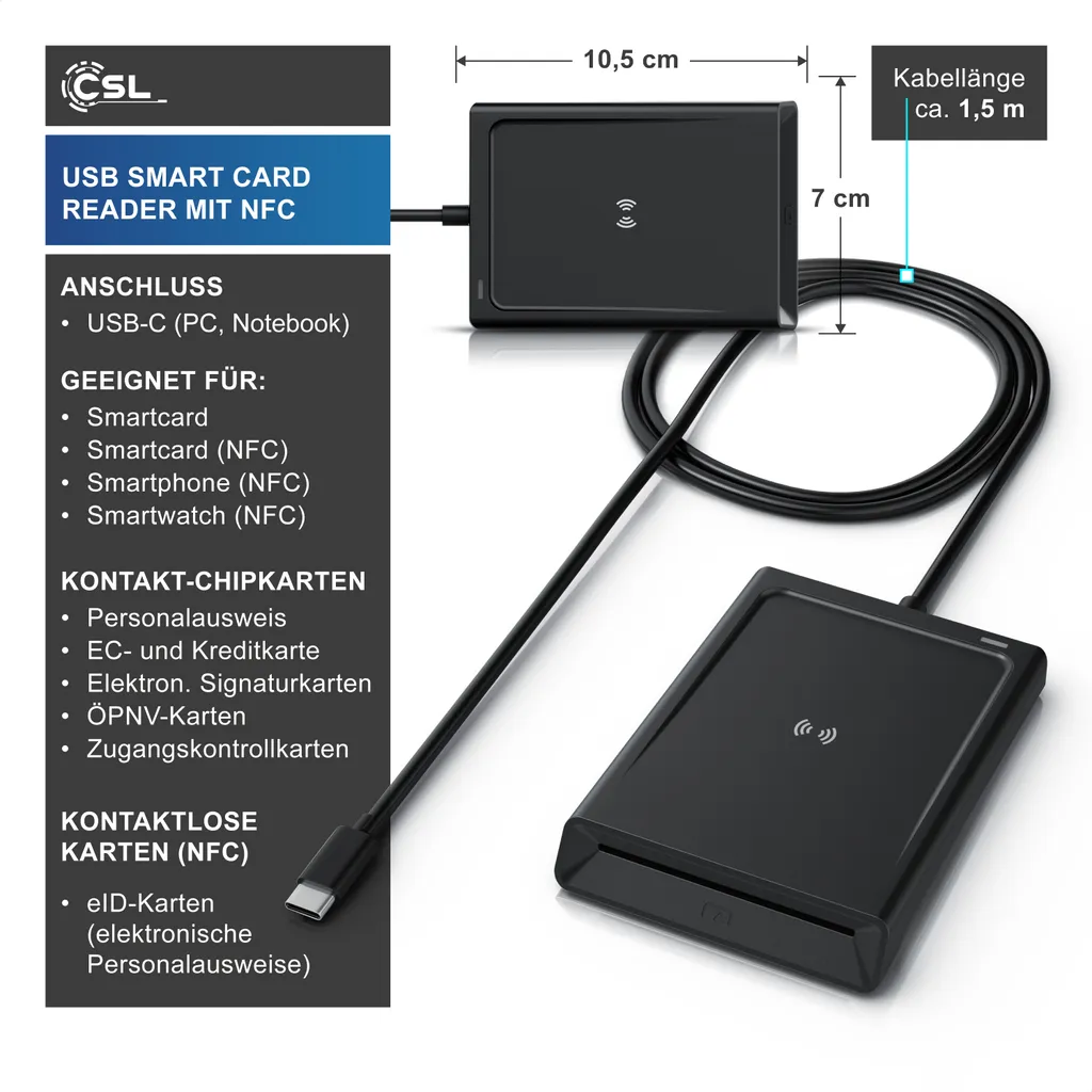 CSL Lettore USB-C 4-in-1: Smart Card, NFC, SIM e Memory Card Reader - 2