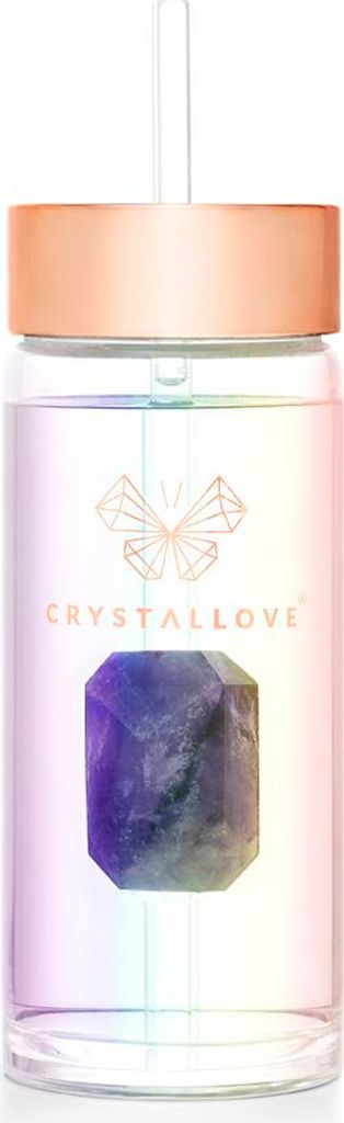 CRYSTALLOVE Glas-Wasserflasche mit Amethyst und Strohhalm, 400 ml, Hologramm