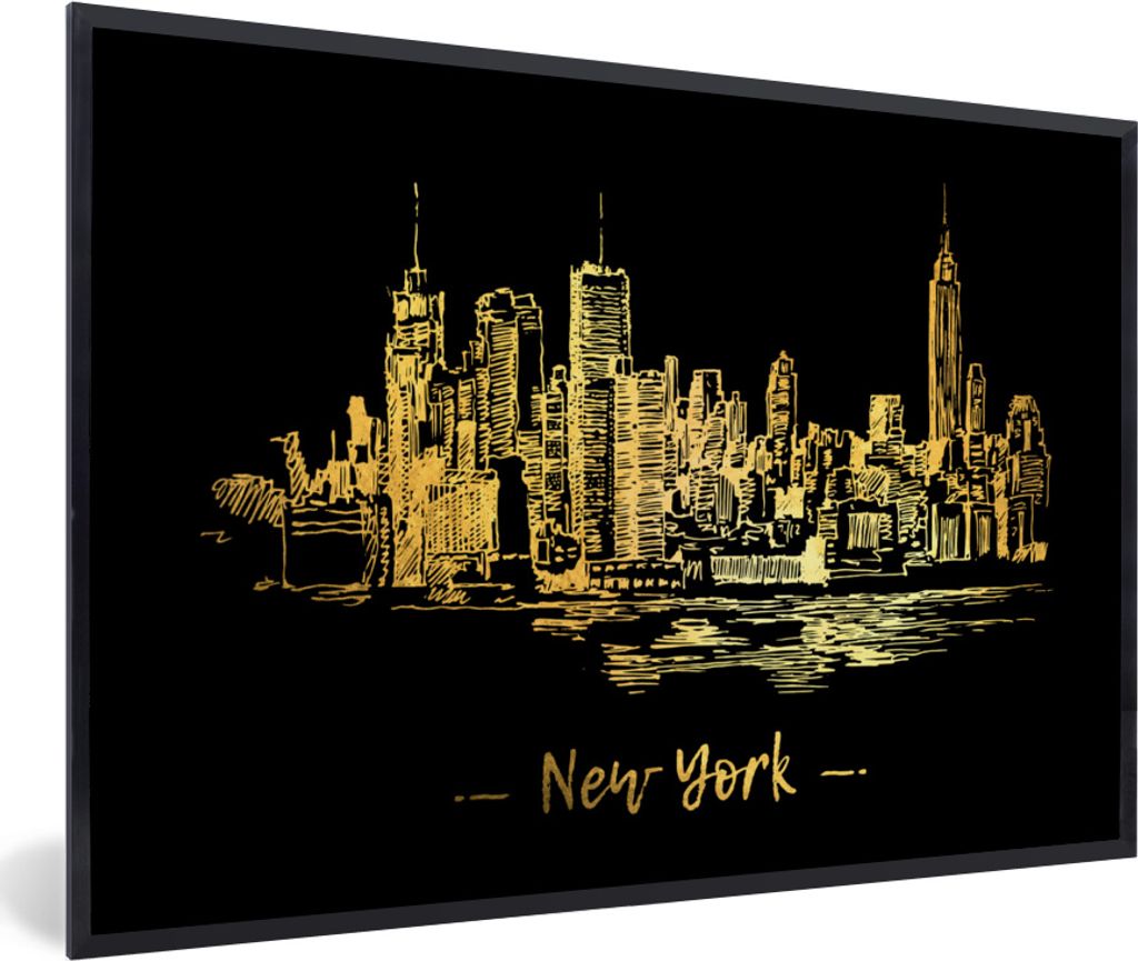 MuchoWow MuchoWow Gerahmtes Poster New York - Skyline - Gold 60x40 cm - Poster mit zchwarzem Bilderrahmen - Printing - Wanddeko Schlafzimmer