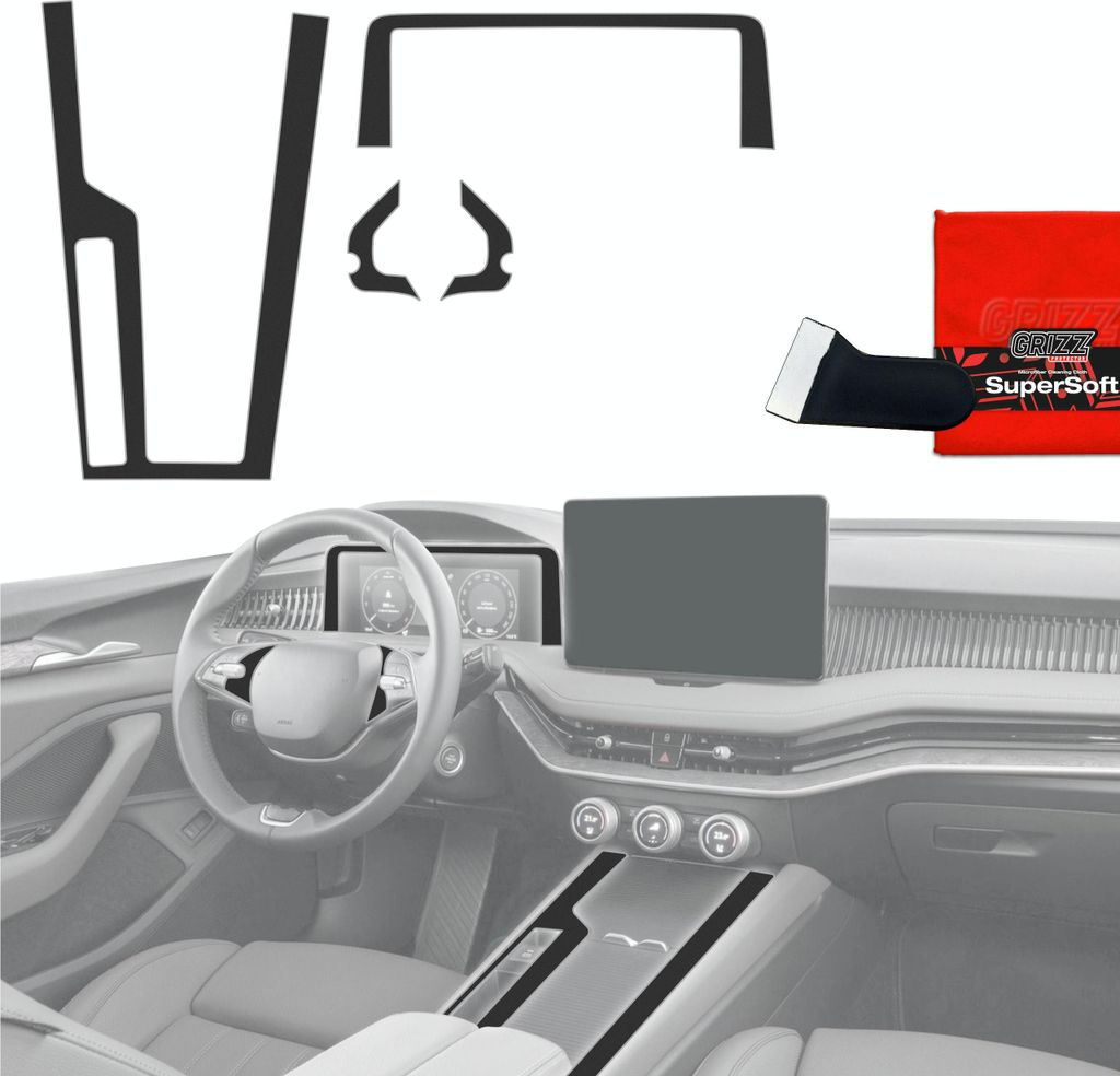 4in1 Schutzfolien für Mittelkonsole & Armaturenbrett - Skoda Superb 4 (2024-2025) Schwarz Matt Antifingerprint Grizz Protector