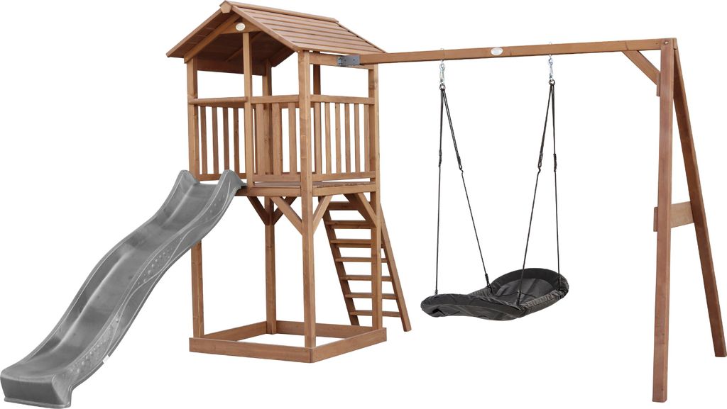 AXI Beach Tower Spielturm aus Holz in Braun | Spielhaus für Kinder mit grauer Rutsche, Nestschaukel und Sandkasten | Stelzenhaus für den Garten