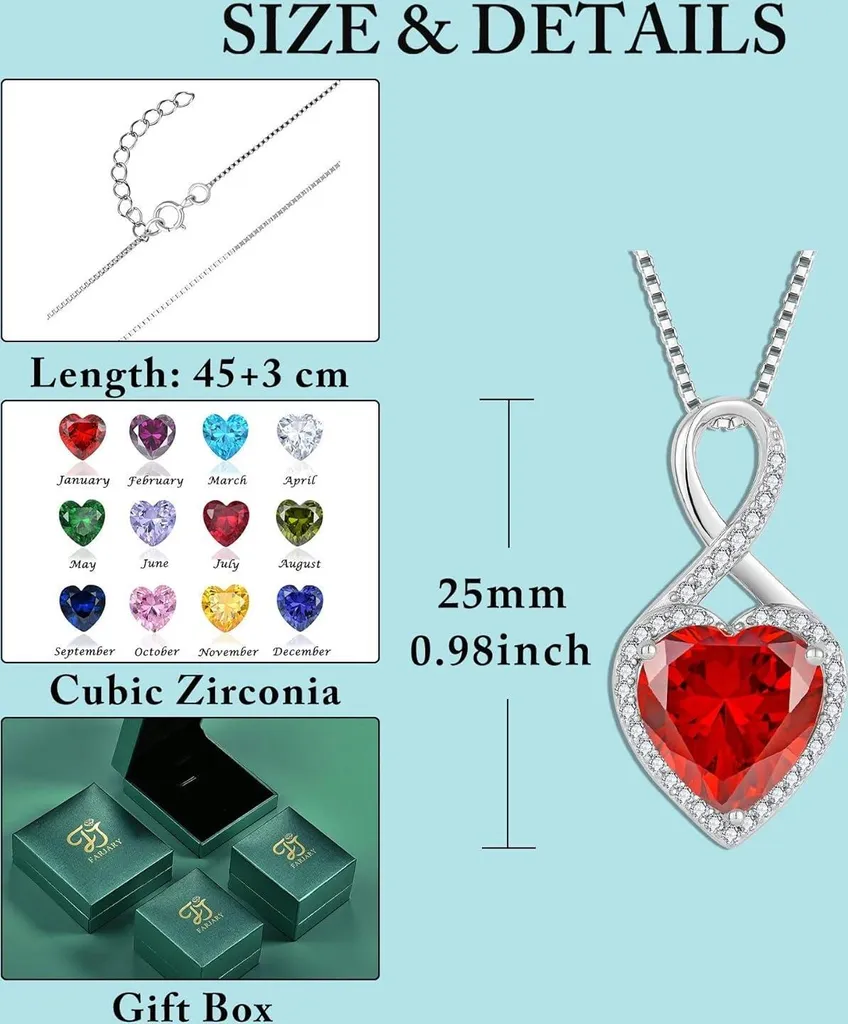 Collier Pierre de Naissance Janvier en Argent et Pendentif Cœur Rouge - 10