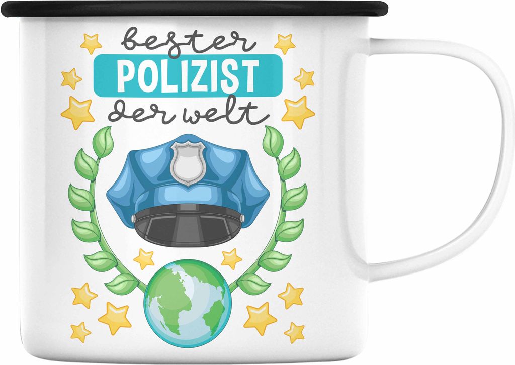 Trendation - Bester Polizist Geschenk Emaille Tasse mit Spruch Geschenke Polizei Männer Lustig (Schwarz)