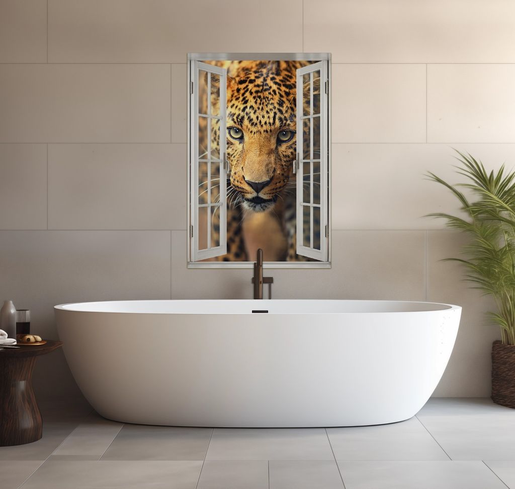 Wallario wasserfestes Poster selbstklebend 91,50 x 61 cm, Leopard in Nahaufnahme beim Laufen, Badezimmerposter Spritzschutz mit Hochglanzoberfläch...
