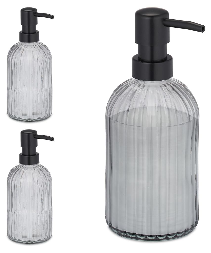 Seifenspender aus Glas, 3er-Set, mit Pumpkopf, nachfüllbar, für Bad und Küche, Flüssigseifenspender, 400 ml, schwarz