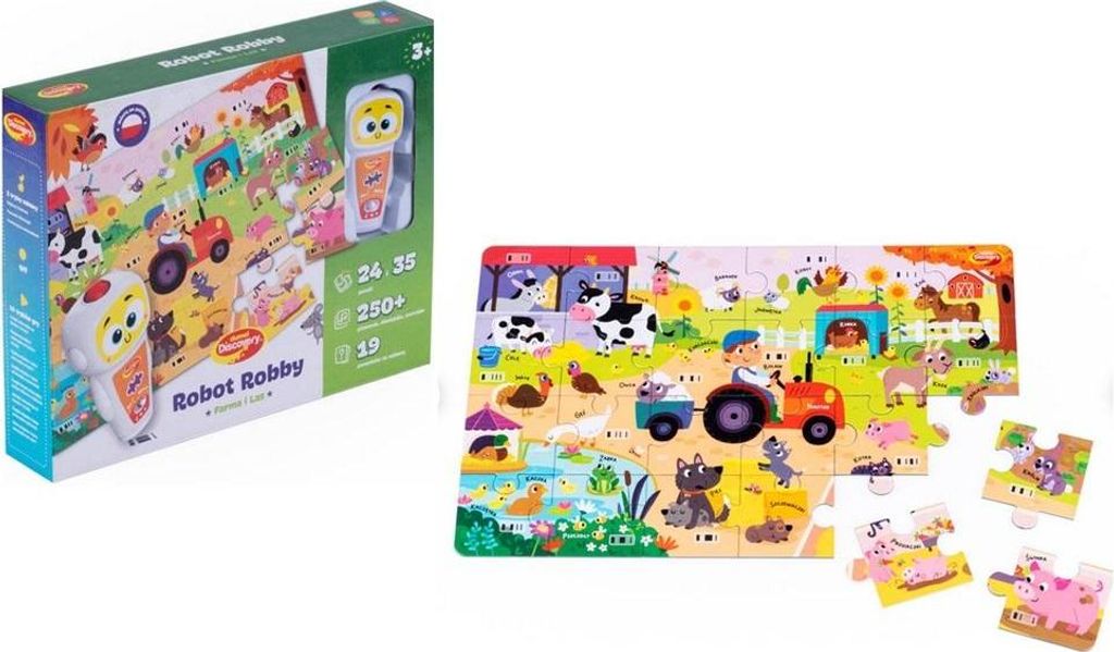 Das Puzzle „Roboter Robby, Bauernhof und Wald Dumel” ist das ideale Spielzeug für Kinder ab 3 Jahren.