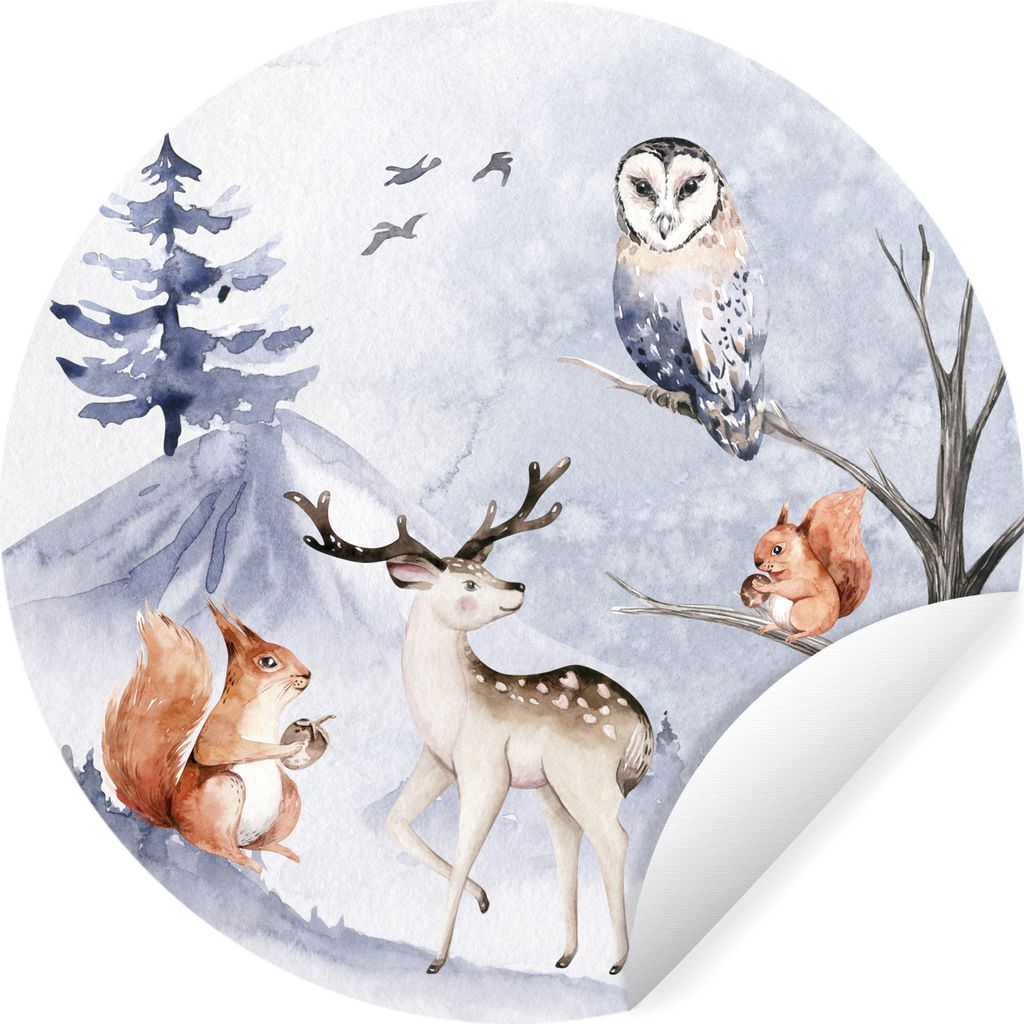 MuchoWow Runde Wandtattoo - Wandsticker Tapete Aufkleber Winter - Hirsch - Eichhörnchen - Baum Ø 30 cm Selbstklebend und Repositionierbar - Wan...