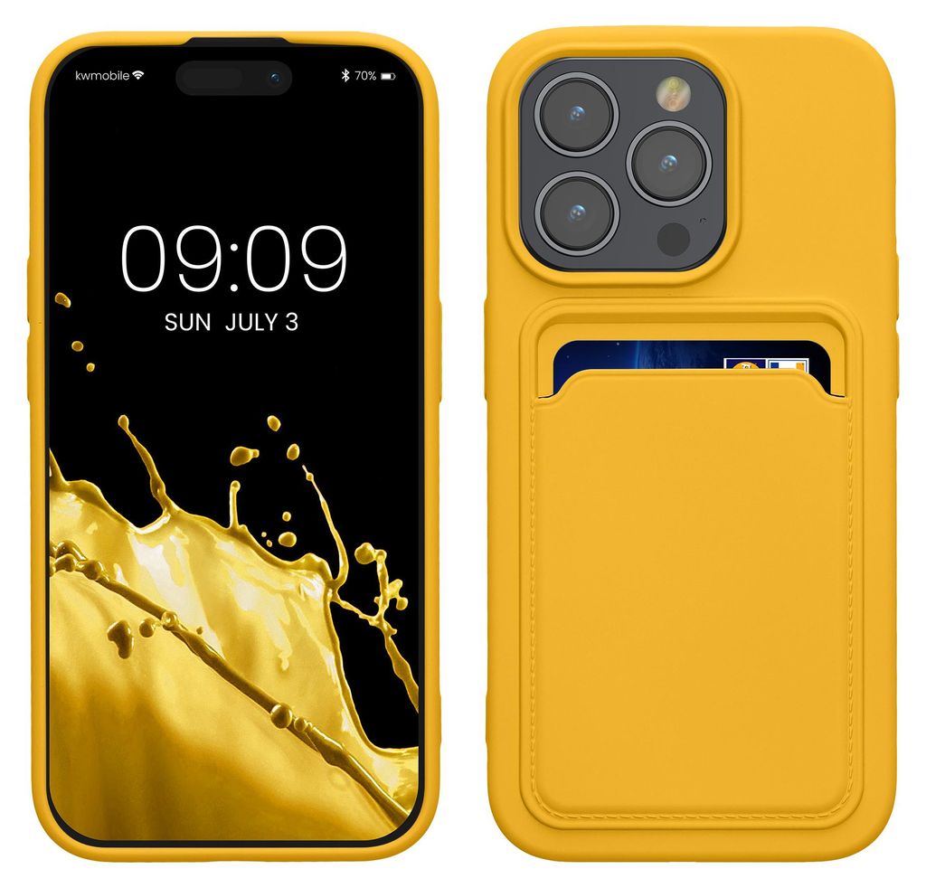 kwmobile Handyhülle für Apple iPhone 15 Pro Hülle mit Kartenfach - TPU Case - Kabelloses Laden - Schutzhülle Cover in Strahlend Gelb