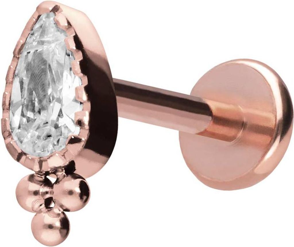 Ohrpiercing, Nasenpiercing Titan Labret mit Push Fit KRISTALLTROPFEN + KUGELN RoséGold Stablänge: 10mm | Stabstärke: 1mm