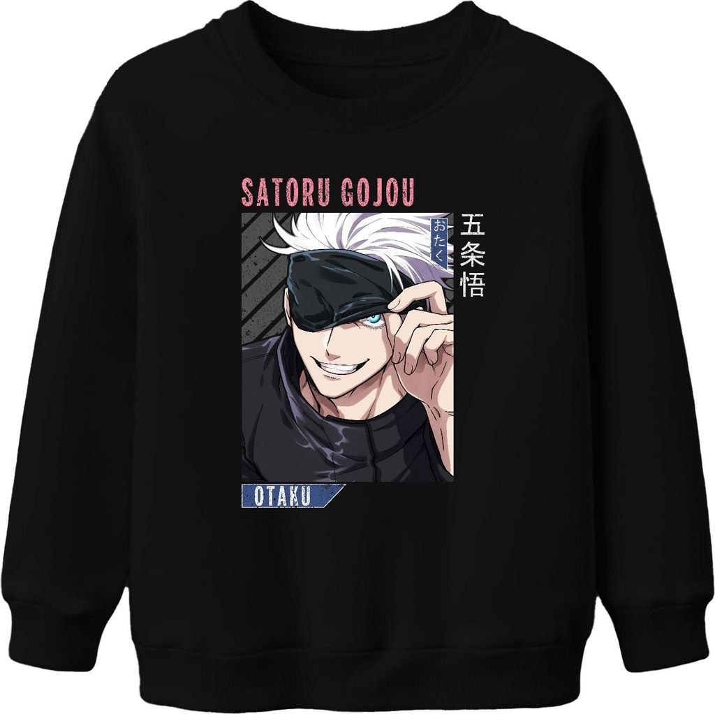 Satoru Gojou Jujutsu Kaisen Anime Otaku Augenbinde weiße Haare Uni Kinder Sweatshirt Pullover, Schwarz, 116