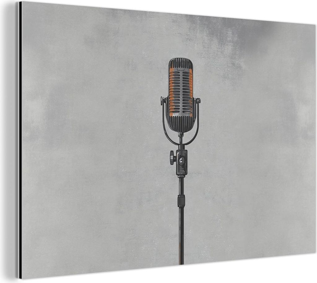 MuchoWow Wanddekoration Metall Metallbild Wandkunst 90x60 cm Mikrofon - Vintage - Illustration - Grau MuchoWow Aluminium Gemälde - Wandbilder