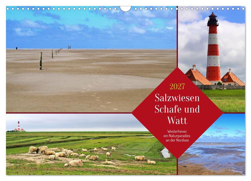 Salzwiesen, Schafe und Watt - Westerhever, ein Naturparadies an der Nordsee (Wandkalender 2027 DIN A3 quer), CALVENDO Monatskalender