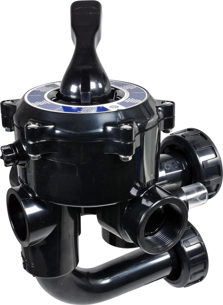 A black multi-port valve with a lever on top, likely for a pool or spa system.