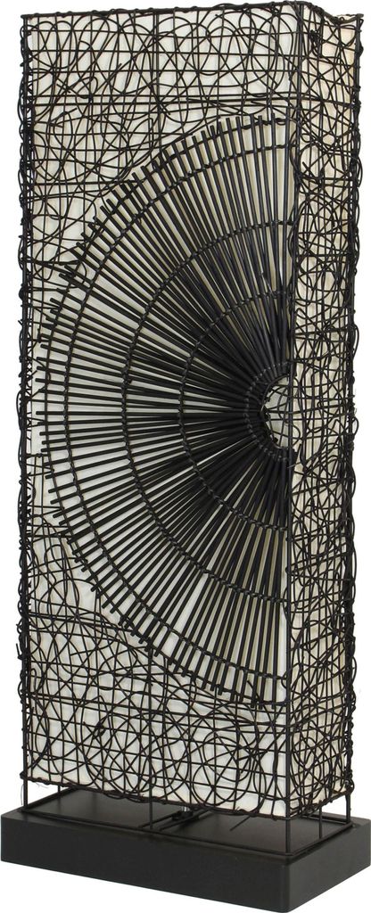 A tall, rectangular floor lamp with a black metal wire frame and a white fabric shade. The front of the lamp features a decorative, fan-shaped metal element.