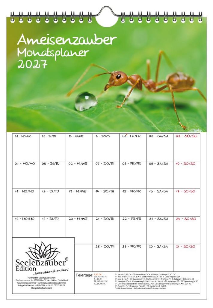 Ameisenzauber Planer DIN A4 Kalender für 2027 Insekten - Seelenzauber
