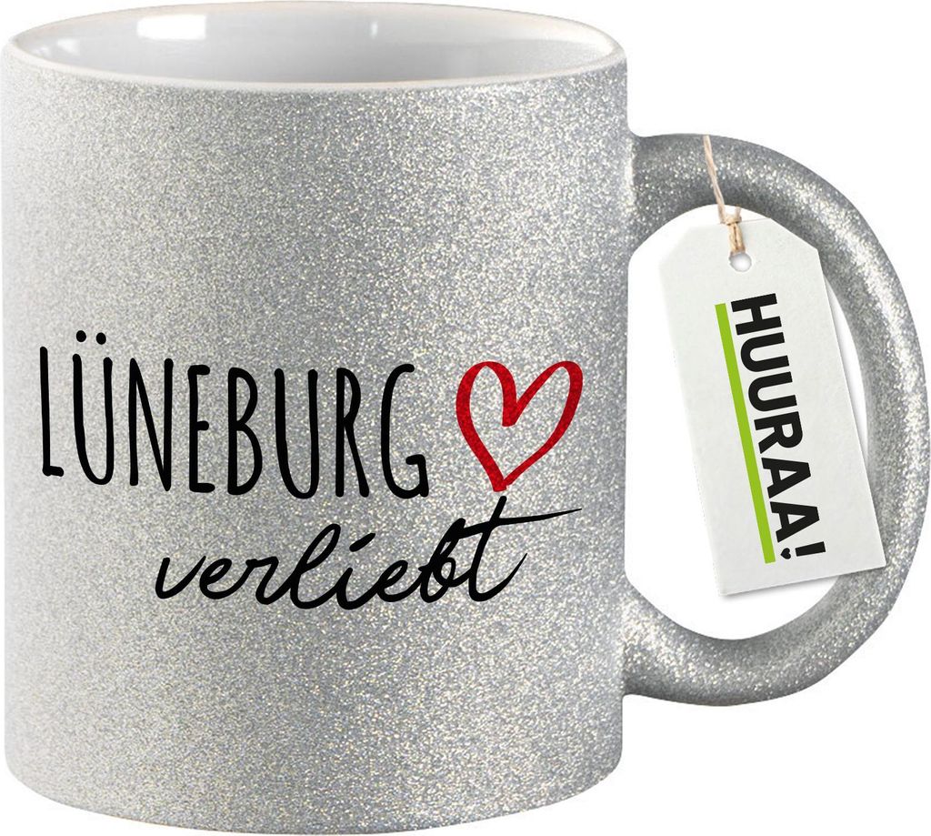 Huuraa Glitzertasse Lüneburg verliebt 330ml Silber Keramik Kaffeebecher Geschenkidee