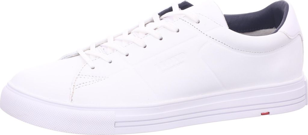 A white leather sneaker is shown from the side against a white background.