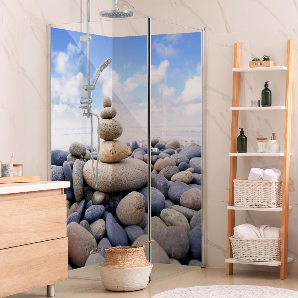 Duschrückwand Himmel selbstklebend - 0.35 mm Wandpaneel wasserfest Naturstein blau Steinoptik Motiv Badrückwand fugenlos Smart matt 110x190 cm