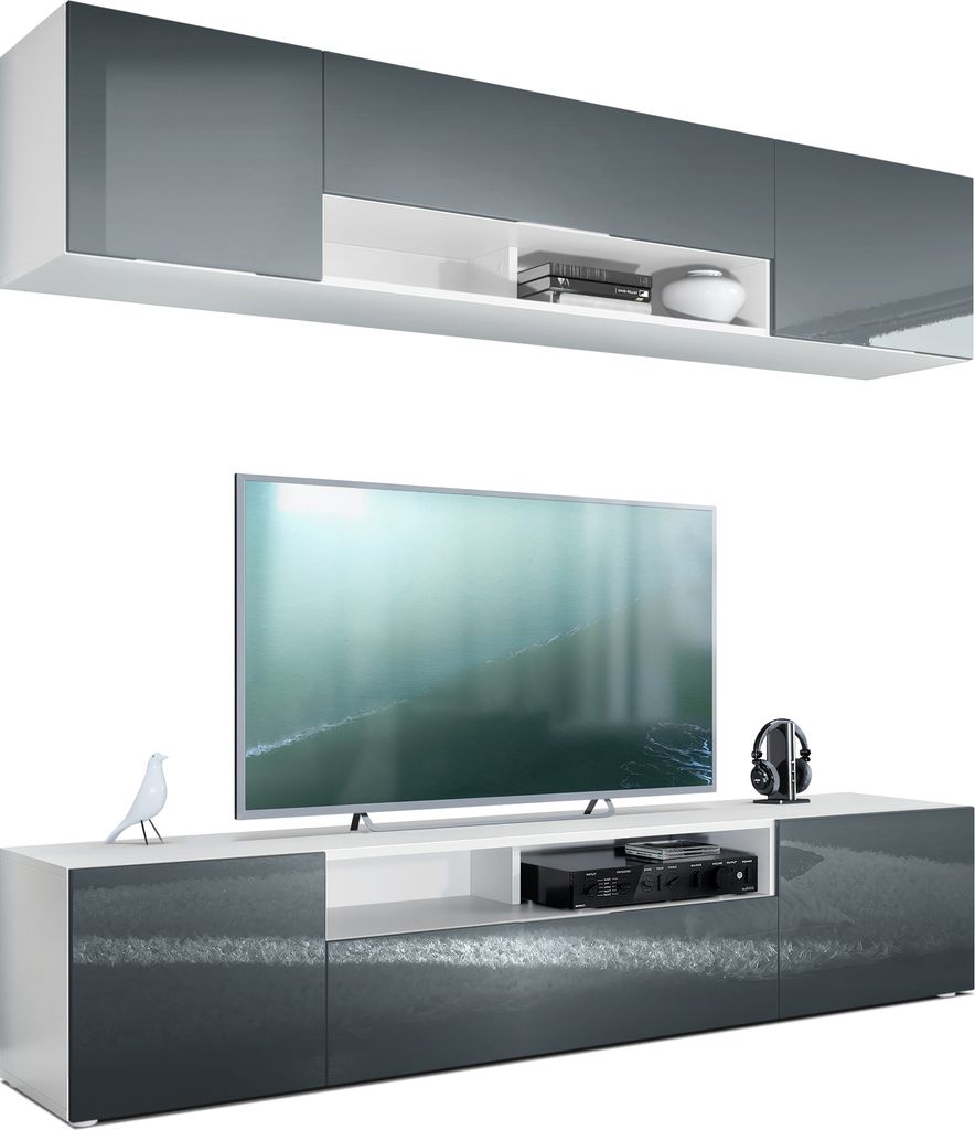 Vladon Wohnwand Mogan, Weiß matt/Grau Hochglanz - Moderne Anbauwand bestehend aus 2 TV-Boards (181 x 147 x 35 cm)
