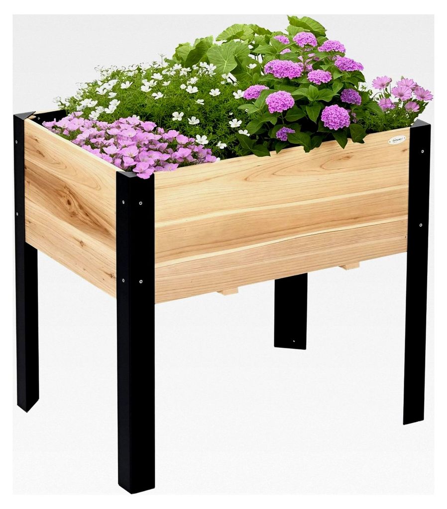 Hochbeet Pflanzkasten Blumenkasten Kräuterbeet mit Vliesstoff aus Massivholz und Stahl Natur+Schwarz 80 x 60 x 74 cm