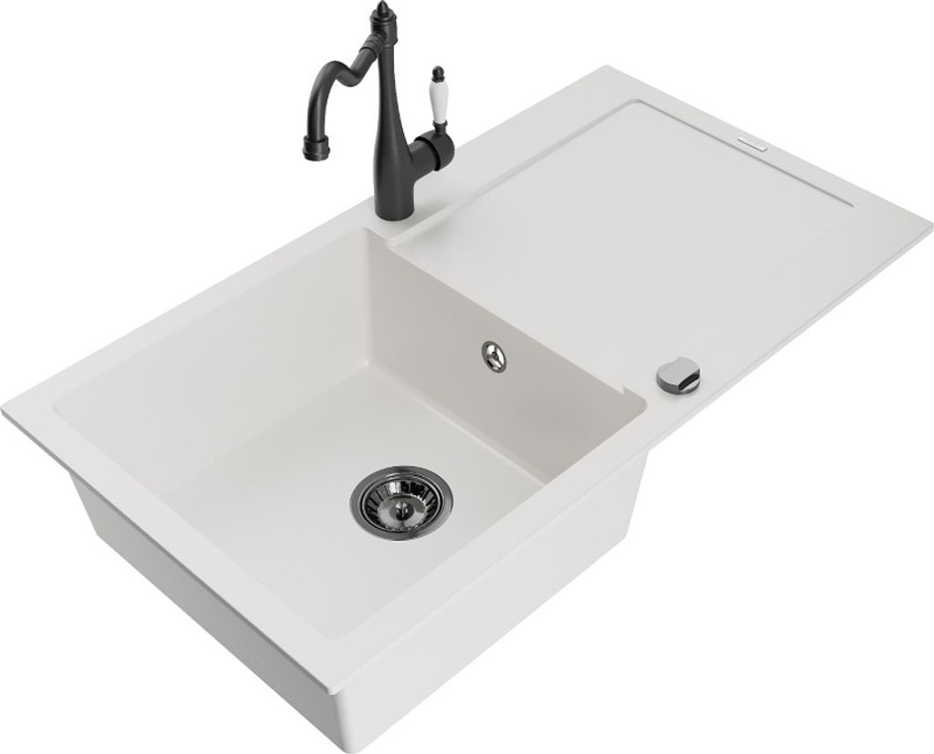 Mexen Leo 1 Becken-Granitspüle mit Abtropffläche und Mischbatterie Carla, Weiß - 6501-20-670700-70