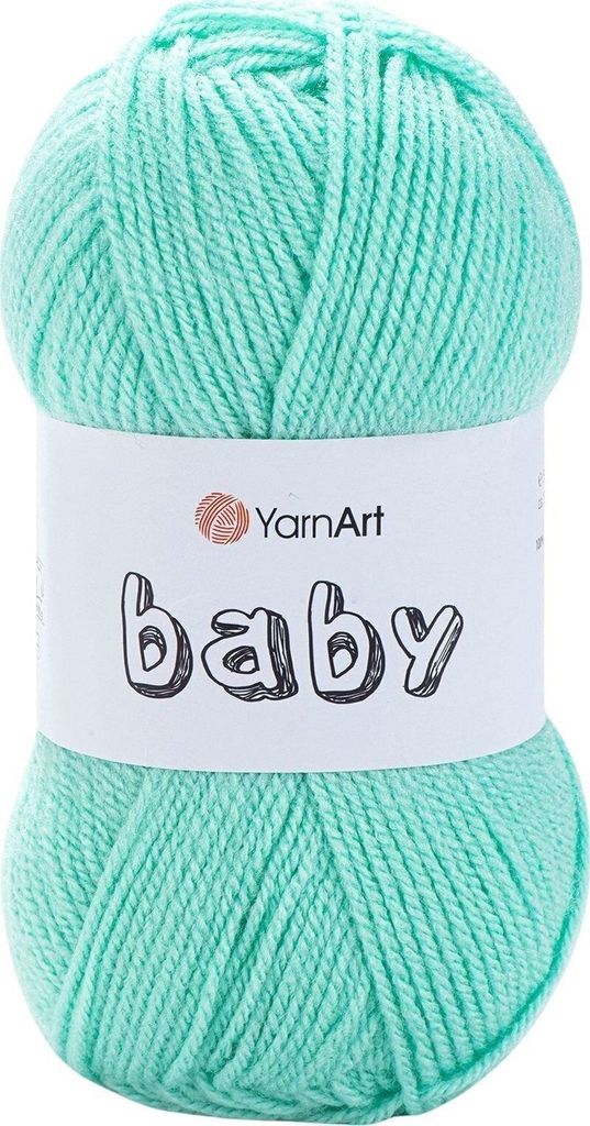 A ball of mint green yarn with a label.