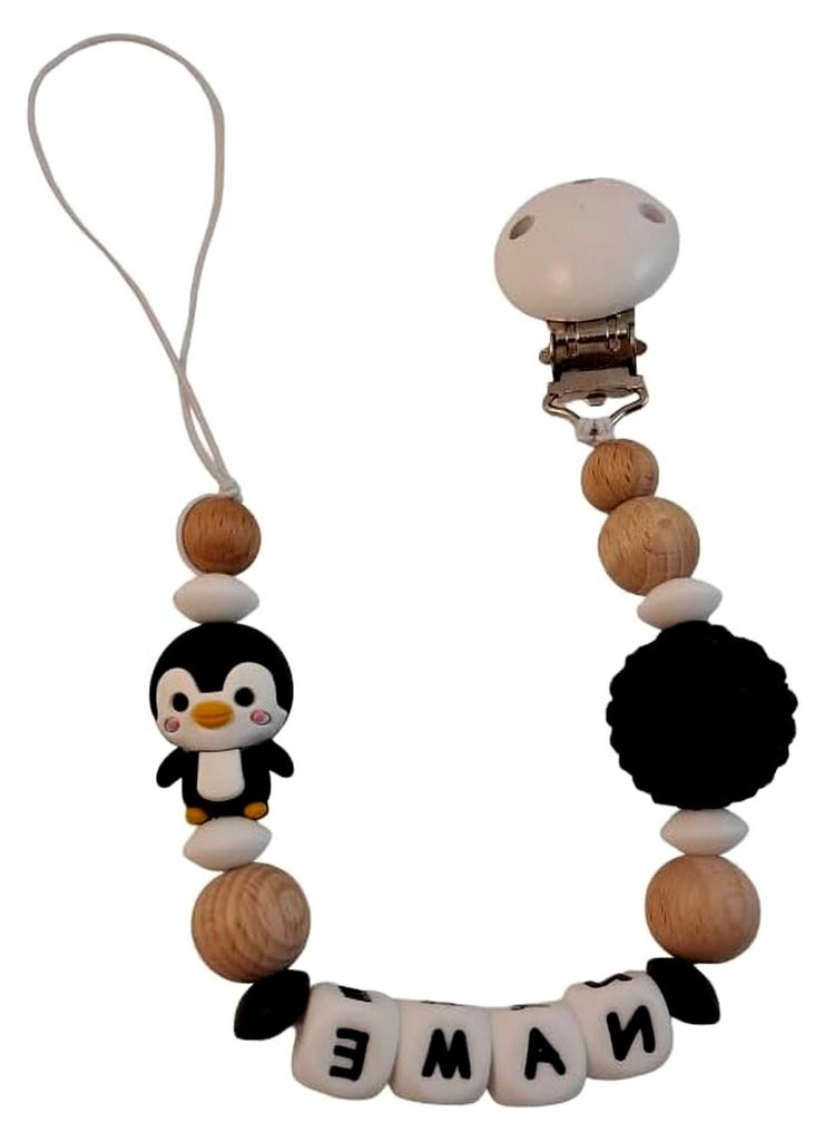 Personalisierte Schnullerkette mit Namen für Mädchen oder Jungen zur Geburt und Taufe (Pinguin schwarz)