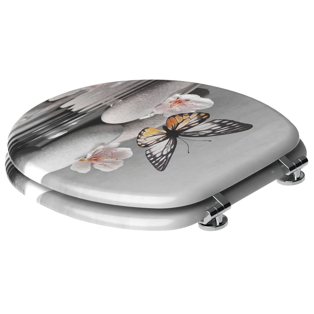 A toilet seat with a decorative print of stones, flowers, and a butterfly.