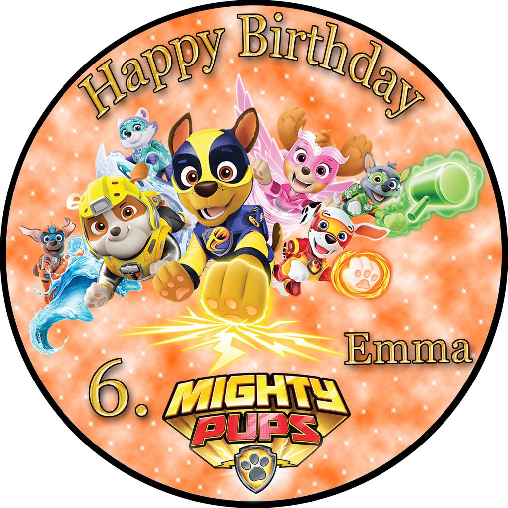 Tortenaufleger Fototorte Tortenbild Kindergeburtstag Paw Patrol Mighty Pups PP04 (Zuckerpapier) Rund 20 cm Ø ohne Foto Orange