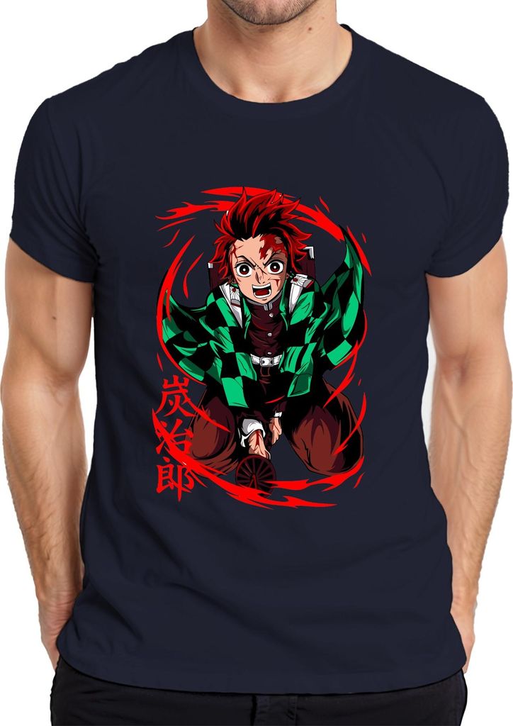 Tanjiro Kimetsu no Yaiba Sonnenatem Hinokami Anime Geschenk Herren T-Shirt, Navy, S