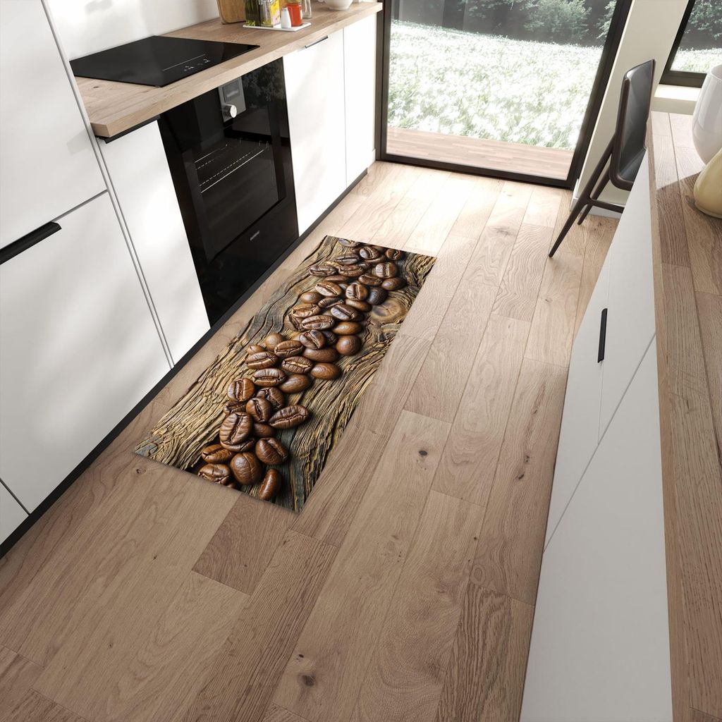 Küchenteppich 60x150cm rutschfest & abwischbar PVC Läufer - Kaffeebohnen Holz