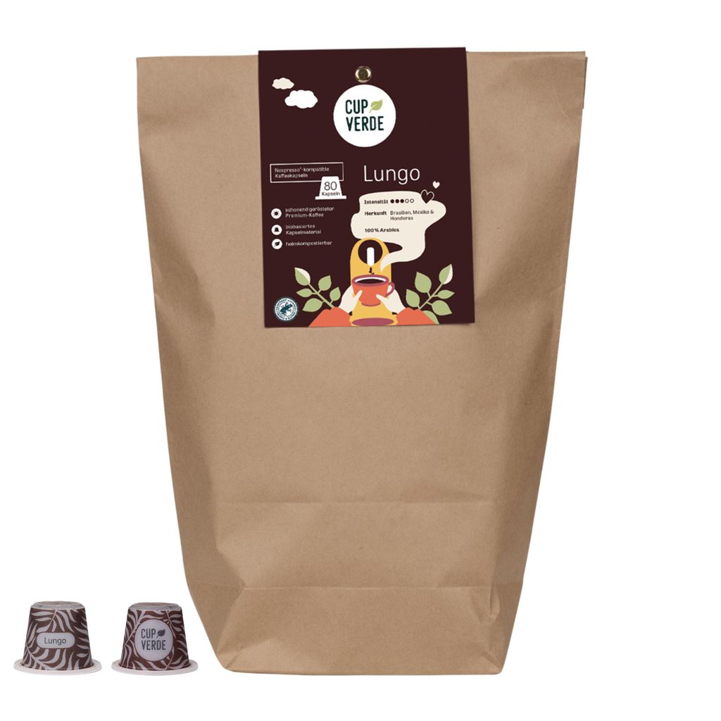 CUP VERDE – 80 Lungo nachhaltige Kaffeekapseln - kompatibel mit Nespresso* - fein aromatisch - fair gehandelt - schonend geröstet